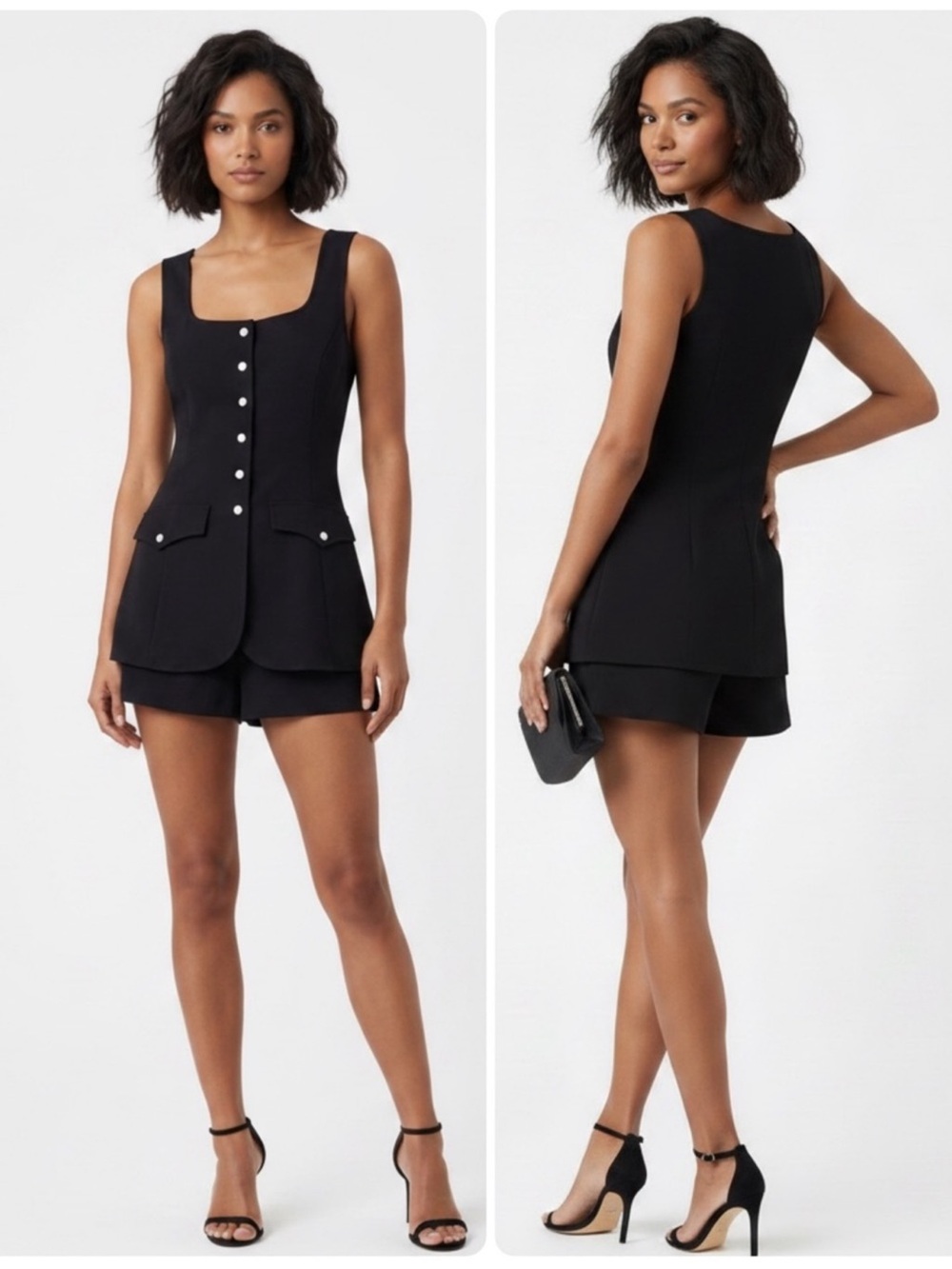 Amanda Uprichard Kya Black Pearl Buttons Skirt over Shorts Romper